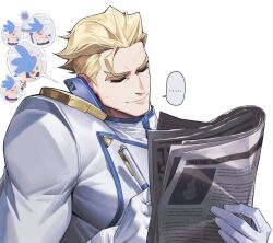 Rule 34 | ..., 1boy, blonde hair, closed eyes, closed mouth, gaeag prma, galo thymos, highres, holding, holding newspaper, holding pen, jacket, kray foresight, male focus, newspaper, pen, phone, promare, short hair, simple background, smile, talking on phone, upper body, white background, white jacket