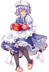 Rule 34 | 1girl, black pantyhose, blush, closed eyes, female focus, hat, highres, kokka han, letty whiterock, oven mitts, pantyhose, pot, purple hair, revision, simple background, slippers, smile, solo, steam, touhou, white background