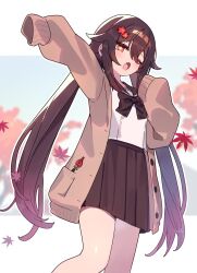 Rule 34 | 1girl, ;o, alternate costume, arm up, autumn leaves, black bow, black bowtie, bow, bowtie, brown hair, brown skirt, cardigan, commentary request, feet out of frame, flower, flower-shaped pupils, genshin impact, hair flower, hair ornament, hairclip, highres, hu tao (genshin impact), leaf, long hair, long sleeves, looking at viewer, maple leaf, one eye closed, open cardigan, open clothes, open mouth, outdoors, pleated skirt, plum blossoms, red eyes, red flower, school uniform, serafuku, skirt, sleeves past fingers, sleeves past wrists, solo, symbol-shaped pupils, tearing up, twintails, very long hair, yawning, zenshin