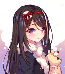 Rule 34 | 1girl, artist name, black hair, black shirt, blush, borrowed character, bow, closed mouth, commission, fur scarf, hair ribbon, hairband, holding, hyanna-natsu, long hair, long sleeves, looking at viewer, looking to the side, multicolored hair, original, purple eyes, red bow, red hairband, ribbon, scarf, shirt, smile, solo, streaked hair, stuffed animal, stuffed toy, teddy bear, upper body, white hair, white scarf