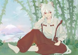 Rule 34 | 1girl, bamboo, barefoot, blush, bow, cigarette, cly0116, collared shirt, commentary, day, fujiwara no mokou, full body, full moon, grass, grin, hair between eyes, hair bow, holding, holding cigarette, leaf, long hair, long sleeves, looking at viewer, moon, mountain, on ground, pants, red eyes, red pants, shirt, sidelocks, sitting, sky, sleeve cuffs, smile, smoke, solo, suspenders, teeth, touhou, white bow, white hair, white shirt