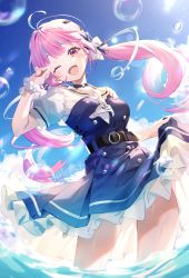 Rule 34 | 1girl, ahoge, belt, blue hair, blush, bow, breasts, bubble, choker, clothes lift, cloud, dress, frilled dress, frills, hair ribbon, hololive, long hair, looking at viewer, medium breasts, minato aqua, multicolored hair, neckerchief, ocean, one eye closed, open mouth, pink hair, purple eyes, purple hair, ribbon, riichu, short sleeves, skirt, skirt lift, sky, smile, solo, streaked hair, twintails, two-tone hair, virtual youtuber, wading, wet