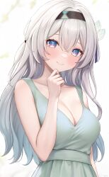 Rule 34 | 1girl, absurdres, alternate costume, aqua dress, bare arms, bare shoulders, black hairband, blush, breasts, cleavage, closed mouth, commentary, dot nose, dress, english commentary, firefly (honkai: star rail), grey hair, hair between eyes, hairband, hand on own chin, highres, honkai: star rail, honkai (series), looking at viewer, medium breasts, narijade, purple eyes, simple background, sleeveless, sleeveless dress, smile, solo, white background