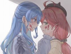 Rule 34 | 2girls, ahoge, bell, black headwear, blood, blood on face, blood on hands, blue eyes, blue hair, blush, collared shirt, colored inner hair, commentary request, earrings, face-to-face, green eyes, hair ornament, hairclip, highres, hololive, hoshimachi suisei, hoshimachi suisei (school uniform), jewelry, long hair, looking at another, looking away, low twintails, multicolored hair, multiple girls, open mouth, pink hair, profile, sakura miko, sakura miko (casual), shadow, shirt, smile, sweat, tearing up, twintails, upper body, virtual youtuber, yandere, yurari (infl7607), yuri