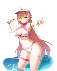 Rule 34 | 1girl, ahoge, armpits, bare shoulders, bikini, blonde hair, blush, breasts, cleavage, closed mouth, closers, contrapposto, green eyes, hand up, highres, holding, large breasts, long hair, looking at viewer, navel, non-web source, official art, outstretched arm, pointing, ribbon, skindentation, smile, solo, soma (closers), standing, stomach, swimsuit, thigh strap, thighs, very long hair, visor cap, wading, water, wet, whistle, white bikini, wrist ribbon, wristband