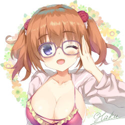 Rule 34 | 1girl, adjusting eyewear, blush, bra, breasts, cafe stella to shinigami no chou, cleavage, collarbone, commentary request, floral background, frilled bra, frills, glasses, hair between eyes, haku89, hand up, head tilt, jacket, large breasts, looking at viewer, medium hair, one eye closed, open clothes, open jacket, open mouth, pink jacket, purple-framed eyewear, purple eyes, red bra, sidelocks, signature, simple background, smile, solo, sumizome nozomi, twintails, underwear, upper body, white background, yuzu-soft