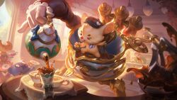Rule 34 | &gt; o, 1boy, :q, absurdres, cafe cuties rumble, cafe cuties sivir, cafe cuties soraka, croissant, cup, day, flower, food, gloves, heart, heart print, highres, indoors, lamp, league of legends, long hair, mecha, necktie, official alternate costume, official art, one eye closed, red flower, red headwear, robot, rose, rumble (league of legends), sivir, smile, solo focus, soraka (league of legends), standing, striped necktie, stuffed animal, stuffed cat, stuffed food, stuffed toy, teacup, tongue, tongue out, weapon, white gloves, window, yordle