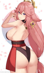 Rule 34 | 1girl, absurdres, ass, back, bare arms, bare shoulders, breasts, closed mouth, come hither, fox shadow puppet, genshin impact, hair between eyes, hair ornament, hands up, highres, hioyami, huge ass, large breasts, leotard, long hair, looking at viewer, looking back, low-tied long hair, magatama, naughty face, patreon username, pelvic curtain, pink hair, purple eyes, shiny skin, sideboob, smile, solo, very long hair, vision (genshin impact), yae miko