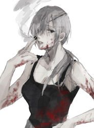 Rule 34 | 1girl, black nails, black tank top, blood, blood on arm, blood on clothes, blood on face, chainsaw man, cigarette, eyepatch, grey hair, hair over shoulder, hand on own hip, highres, holding, holding cigarette, long hair, looking at viewer, parted lips, ponytail, qii yu, quanxi (chainsaw man), simple background, smoke, smoking, solo, tank top, white background