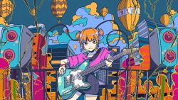 Rule 34 | 1girl, aircraft, black skirt, bracelet, brown eyes, brown hair, cable, character request, collarbone, double bun, earrings, electric guitar, guitar, hair bun, highres, holding, holding guitar, holding instrument, holding plectrum, hot air balloon, instrument, jewelry, looking at viewer, makura (makura 369), music, pink shirt, playing instrument, plectrum, railing, shirt, skirt, solo, speaker, vocaloid