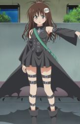 Rule 34 | 1girl, belt, blush, brown hair, cosplay, detached sleeves, female focus, highres, konjiki no yami, konjiki no yami (cosplay), long hair, outstretched arm, outstretched hand, screencap, solo, stitched, thigh strap, third-party edit, to love-ru, yuuki mikan