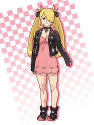 Rule 34 | 1girl, arms at sides, blonde hair, boots, breasts, checkered background, choker, cleavage, cosplay, creatures (company), cynthia (pokemon), dress, expressionless, feet, female focus, full body, game freak, habatakuhituji, hair over one eye, holding, holding poke ball, jacket, large breasts, legs, long hair, long sleeves, looking at viewer, marnie (pokemon), marnie (pokemon) (cosplay), nintendo, poke ball, pokemon, pokemon dppt, pokemon swsh, purple eyes, simple background, solo, standing, thighs, twintails