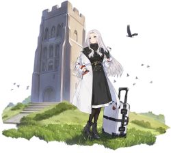 Rule 34 | 1girl, artist request, azur lane, bird, black dress, black footwear, black gloves, blue eyes, boots, cellphone, coat, dress, eagle, closed eyes, gloves, hair intakes, hand in pocket, highres, holding, holding phone, long hair, long sleeves, looking at viewer, luggage, official alternate costume, official art, open mouth, phone, rolling suitcase, silver hair, smartphone, smile, solo, suitcase, transparent background, white coat, yorktown (azur lane), yorktown (saintly wings) (azur lane)