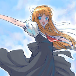 Rule 34 | 00s, 1girl, :d, air (visual novel), blonde hair, blue eyes, kamio misuzu, long hair, lowres, open mouth, outstretched arms, sakamoto mineji, school uniform, smile, solo, spread arms