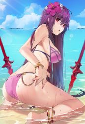 Rule 34 | 1girl, ahoge, alternate costume, anklet, ass, bikini, blue sky, bracelet, breasts, cloud, damda, fate/grand order, fate (series), flower, hair between eyes, hair flower, hair intakes, hair ornament, hibiscus, horizon, jewelry, large breasts, long hair, looking back, nail polish, ocean, outdoors, partially submerged, pink bikini, purple bikini, purple hair, red eyes, scathach (fate), scathach (fate/grand order), scathach (swimsuit assassin) (fate), sky, solo, swimsuit