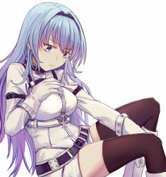 Rule 34 | 1girl, absurdres, arm belt, bad id, bad pixiv id, belt, between legs, black thighhighs, blue eyes, blue hair, boots, chinese commentary, coat, from side, gloves, hair intakes, hand between legs, hand on own chest, highres, looking down, solo, sterett (warship girls r), thighhighs, ululan, warship girls r, white footwear, white gloves, zettai ryouiki