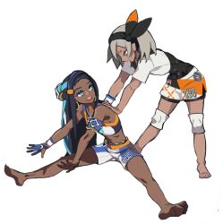 Rule 34 | 2girls, :d, absurdres, aqua hair, armlet, barefoot, bea (pokemon), belly chain, black bodysuit, black hair, black hairband, blue eyeshadow, bodysuit, bodysuit under clothes, bow hairband, commentary request, creatures (company), dark-skinned female, dark skin, dynamax band, earrings, eyeshadow, game freak, gloves, gratin gratin, green eyes, grey hair, hair bun, hairband, highres, hoop earrings, jewelry, knee pads, leaning, long hair, makeup, multicolored hair, multiple girls, necklace, nessa (pokemon), nintendo, open mouth, partially fingerless gloves, pokemon, pokemon swsh, print shorts, short sleeves, shorts, side slit, side slit shorts, single glove, single hair bun, sitting, smile, stretching, teeth, toes, two-tone hair, upper teeth only, white background