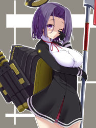 Rule 34 | 10s, 1girl, breasts, dress, halo, kantai collection, kichihachi, large breasts, looking at viewer, mechanical halo, one eye closed, personification, polearm, purple eyes, purple hair, short dress, short hair, skirt, smile, solo, tatsuta (kancolle), thighs, weapon, wink