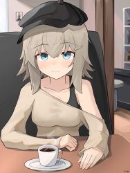 Rule 34 | absurdres, blue eyes, bra strap, cafe, coffee, coffee cup, cup, disposable cup, gamryous, girls&#039; frontline, hair ornament, hairclip, highres, long sleeves, mp41 (girls&#039; frontline), plate, smile, table