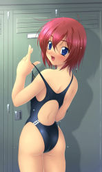 Rule 34 | 1girl, ass, blue eyes, competition swimsuit, ishii akira, locker, locker room, looking back, one-piece swimsuit, red hair, short hair, smile, solo, swimsuit, undressing