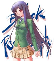 Rule 34 | 1girl, 47agdragon, blazer, buttons, cowboy shot, jacket, long hair, long sleeves, looking at viewer, original, pink eyes, plaid, plaid skirt, pleated skirt, purple hair, school uniform, sidelocks, simple background, skirt, solo, standing, very long hair, white background, yellow skirt