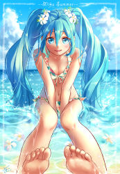 Rule 34 | 1girl, bare arms, bare legs, bare shoulders, barefoot, beach, between legs, bikini, blue eyes, blue hair, blue sky, blush, breasts, character name, cloud, cloudy sky, day, english text, eyelashes, feet, fingernails, floating, floral print, flower, flower on water, full body, hair between eyes, hair flower, hair ornament, hand between legs, happy, hatsune miku, long hair, looking at viewer, navel, ocean, outdoors, partially submerged, plumeria, sakikko, sand, see-through, shaded face, side-tie bikini bottom, sitting, sitting on water, sky, smile, soles, solo, sparkle, summer, swimsuit, toes, twintails, very long hair, vocaloid, water drop, wet, wet hair, white flower