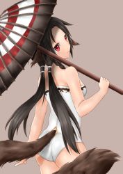 Rule 34 | 1girl, absurdres, ainu clothes, animal ears, aquaplus, ass, back, backless outfit, bare arms, bare legs, bare shoulders, black hair, braid, breasts, cleavage, closed mouth, cowboy shot, from behind, hair over shoulder, highres, holding, holding umbrella, holding weapon, huge ass, long hair, looking at viewer, medium breasts, nose, parted lips, red eyes, red umbrella, reover6, shis, sidelocks, smile, solo, tail, thighs, twintails, umbrella, unworn clothes, utawarerumono, utawarerumono: futari no hakuoro, variations, very long hair, weapon