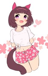 Rule 34 | 1girl, :d, animal ears, arms behind back, brown hair, commentary request, ear covers, ear ornament, flat chest, floral print, gaze on me! outfit (umamusume), hair ornament, hairband, highres, horse ears, horse girl, horse tail, midriff, navel, nishino flower (umamusume), open mouth, pink hairband, pink shorts, purple eyes, shirt, short hair, short sleeves, shorts, simoyuki, simple background, smile, solo, tail, tied shirt, umamusume, white background, white shirt, x hair ornament