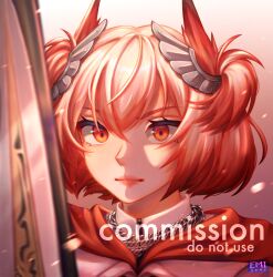 Rule 34 | 1girl, animal ears, arknights, bird ears, commentary, commission, emi (emiaegi), fiammetta (arknights), fiammetta (divine oath) (arknights), gradient background, highres, looking at viewer, official alternate costume, orange eyes, pink lips, pointy hair, portrait, red hair, short hair, solo