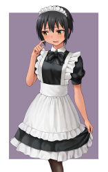 Rule 34 | 1girl, adjusting clothes, adjusting dress, apron, black bow, black bowtie, black dress, black hair, black pantyhose, blush, border, bow, bowtie, commentary, dark-skinned female, dark skin, dress, dutch angle, embarrassed, female focus, frilled apron, frills, furrowed brow, hair between eyes, hairband, hashi, looking away, looking down, maid, maid apron, maid headdress, nervous, open mouth, original, outside border, paid reward available, pantyhose, puffy short sleeves, puffy sleeves, purple background, scratching cheek, short hair, short sleeves, simple background, smile, solo, standing, tomboy, very short hair, white apron, white border, white hairband, yellow eyes