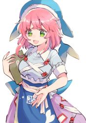 Rule 34 | 1girl, apron, back bow, belt, blue apron, blue bow, blue hat, blue shirt, book, bow, breasts, collared shirt, commentary request, eyes visible through hair, green eyes, hands up, hat, looking to the side, medium breasts, okunoda miyoi, open mouth, pink hair, purple skirt, red belt, shirt, short hair, short sleeves, shukinuko, simple background, skirt, smile, solo, standing, striped, striped belt, touhou, whale hat, white background, white belt