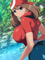 Rule 34 | 1girl, ass, blue eyes, breasts, brown hair, creatures (company), game freak, large breasts, looking at viewer, looking back, may (pokemon), nintendo, norio (pheromosa times), open mouth, outdoors, pokemon, pokemon rse, smile, solo