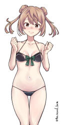 Rule 34 | 1girl, absurdres, bikini, black bikini, bow, breasts, brown eyes, cowboy shot, double bun, front-tie bikini top, front-tie top, green bow, hair bun, highres, kantai collection, light brown hair, looking at viewer, lowleg, lowleg bikini, medium hair, michishio (kancolle), one-hour drawing challenge, short twintails, simple background, small breasts, solo, swimsuit, the second form, thigh gap, twintails, twitter username, w arms, white background