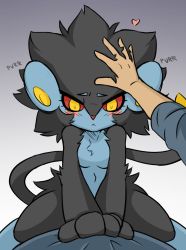 Rule 34 | 1boy, 1girl, animal ears, black hair, blush, breasts, clothed male nude female, colored sclera, creatures (company), disembodied hand, english text, furry, game freak, gen 4 pokemon, gradient background, heart, highres, luxray, navel, nintendo, nude, personification, pokemon, pokemon (creature), pov, rakkuguy, red sclera, simple background, small breasts, straddling, tail, yellow eyes