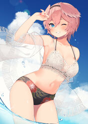 Rule 34 | 1girl, absurdres, bare shoulders, bikini, blue eyes, breasts, cleavage, collarbone, day, hair between eyes, hairband, head wings, highres, hololive, jacket, large breasts, looking at viewer, multicolored bikini, multicolored clothes, navel, nyasunyadoora, ocean, off shoulder, one eye closed, open clothes, open jacket, outdoors, pink hair, see-through, see-through jacket, short hair, smile, solo, swimsuit, takane lui, teeth, thighs, virtual youtuber, wings