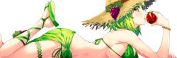 Rule 34 | 1girl, apple, ass, bikini, breasts, food, fruit, gladiator sandals, grapes, green bikini, green hair, hat, highres, large breasts, lying, mole, mole under eye, on stomach, profile, sandals, straw hat, swimsuit