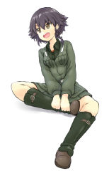Rule 34 | 10s, 1girl, :o, absurdres, anzio military uniform, black hair, boots, braid, brown eyes, days135, girls und panzer, highres, leg hold, open mouth, pepperoni (girls und panzer), short braid, side braid, single braid, sketch, solo, white background