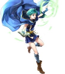 Rule 34 | 1boy, arm up, asbel (fire emblem), blue cape, blue gloves, book, boots, brown footwear, cape, fingerless gloves, fire emblem, fire emblem: thracia 776, fire emblem heroes, full body, gloves, green eyes, green hair, highres, holding, holding book, male focus, nintendo, open mouth, short hair, solo, transparent background, wada sachiko