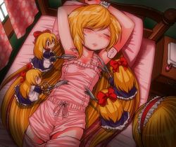 Rule 34 | 2girls, alice margatroid, apron, arms up, bad id, bad pixiv id, bed, blonde hair, blue dress, blush, bow, collarbone, curtains, cutting clothes, dress, closed eyes, hair bow, hairband, kirisame marisa, lolita hairband, long hair, lying, multiple girls, namakara exe, nightgown, on back, on bed, scissors, shanghai doll, touhou, very long hair, waist apron, window, you gonna get raped