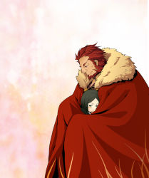 Rule 34 | 2boys, age difference, beard, blush, cape, child, facial hair, fate/zero, fate (series), green hair, hug, iskandar (fate), kikuyarou, male focus, multiple boys, red eyes, red hair, shared cape, shared clothes, size difference, waver velvet