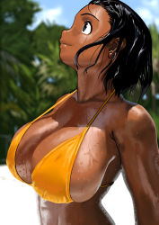 Rule 34 | 1girl, abs, arung samudra (cessa), beach, bikini, black hair, blue sky, blurry, blurry background, breasts, cessa, cleavage, dark skin, dark-skinned female, day, huge breasts, ombok diving and delivery services, pac-man eyes, palm tree, short hair, sideboob, sky, solo, strap gap, swimsuit, toned, tree, upper body, very dark skin, wet, wet clothes, wet hair, wet swimsuit, yellow bikini