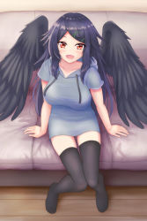 Rule 34 | 1girl, absurdres, alternate costume, bare arms, bird wings, black hair, black thighhighs, black wings, blush, breasts, collarbone, commentary request, couch, artistic error, from above, grey hoodie, hair ornament, hairpin, highres, hood, hoodie, knees together feet apart, large breasts, long hair, looking at viewer, o1118, open mouth, parted bangs, red eyes, reiuji utsuho, short sleeves, sidelocks, sitting, smile, solo, thighhighs, thighs, touhou, wings, wooden floor, zettai ryouiki