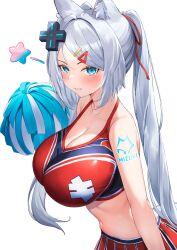 Rule 34 | 1girl, absurdres, animal ears, bare arms, bare shoulders, blue eyes, breasts, cheerleader, cleavage, crop top, d-pad, d-pad hair ornament, fox ears, grin, hair ornament, hair ribbon, hairclip, halterneck, highres, holding, holding pom poms, indie virtual youtuber, large breasts, long hair, looking at viewer, midriff, mizuki (vtuber), navel, oukafafafa, pom pom (cheerleading), pom poms, red shirt, red skirt, ribbon, shirt, shoulder tattoo, simple background, skirt, sleeveless, sleeveless shirt, smile, solo, stomach, tattoo, twintails, upper body, very long hair, virtual youtuber, white background, white hair