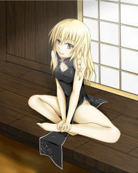 Rule 34 | 1girl, alternate costume, bare shoulders, barefoot, black dress, blonde hair, bow, breasts, china dress, chinese clothes, cleavage, cleavage cutout, clothing cutout, cookin, dress, feet, grin, hair bow, hands on feet, indian style, kirisame marisa, legs, long hair, looking at viewer, medium breasts, no headwear, no panties, plantar flexion, shouji, sitting, sleeveless, sleeveless dress, sliding doors, smile, solo, spread legs, touhou, v arms, yellow eyes