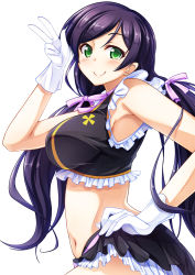 Rule 34 | 10s, 1girl, blush, frills, gloves, green eyes, hand on own hip, long hair, looking at viewer, love live!, love live! school idol project, midriff, navel, no brand girls, purple hair, simple background, skirt, smile, solo, tojo nozomi, tsukimiya kyousuke, twintails, v, white background, white gloves