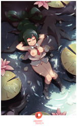 Rule 34 | 10s, 1girl, :&gt;, arms behind head, asui tsuyu, between breasts, black socks, boku no hero academia, border, bottomless, breasts, closed eyes, detached collar, flower, from above, green hair, hair rings, hanging breasts, highres, knees together feet apart, lily pad, long hair, low-tied long hair, medium breasts, necktie, necktie between breasts, nipples, no bra, no panties, no undershirt, outdoors, partially submerged, phinci, plant roots, pussy, reclining, red necktie, rock, school uniform, shade, short necktie, small breasts, socks, solo, uncensored, very long hair, water, white border