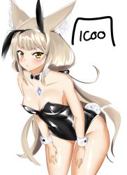 Rule 34 | 1girl, alternate costume, animal ears, bare shoulders, black leotard, blush, bow, bowtie, breasts, cleavage, cowboy shot, detached collar, extra ears, fake animal ears, fake tail, grey hair, highres, icoo, large breasts, leaning forward, leotard, long hair, looking at viewer, nia (blade) (xenoblade), nia (xenoblade), nintendo, niyah, playboy bunny, rabbit ears, rabbit tail, solo, spoilers, staring, tail, thighs, twintails, very long hair, white background, wrist cuffs, xenoblade chronicles (series), xenoblade chronicles 2, yellow eyes