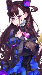 Rule 34 | 1girl, bad id, bad pixiv id, bespectacled, black-framed eyewear, black dress, brooch, brown hair, commentary request, cone hair bun, dress, eyewear strap, fate/grand order, fate (series), frilled dress, frilled sleeves, frills, glasses, hair bun, hair ornament, hand up, head tilt, highres, holding, jewelry, juliet sleeves, long hair, long sleeves, looking at viewer, murasaki shikibu (fate), parted lips, puffy sleeves, purple eyes, ringozaka mariko, semi-rimless eyewear, sidelocks, simple background, sleeves past wrists, solo, striped, turtleneck, two side up, upper body, very long hair, white background, wide sleeves