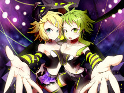 Rule 34 | 2girls, ass grab, asymmetrical docking, bingshan, black bow, black skirt, blonde hair, blue eyes, bow, breast press, breasts, cleavage, cowlick, green eyes, green hair, gumi, hair bow, hand on another&#039;s hip, highres, kagamine rin, looking to the side, luvoratorrrrry! (vocaloid), medium breasts, midriff, multiple girls, navel, outstretched arm, short hair, short shorts, shorts, skirt, small breasts, vocaloid
