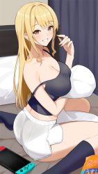 Rule 34 | 1girl, ass, bare arms, bare shoulders, bed, black socks, black shirt, blonde hair, breasts, brown eyes, camisole, cleavage, covered erect nipples, crop top, grin, hand up, highres, indoors, kneehighs, large breasts, long hair, looking at viewer, midriff, nintendo switch, no shoes, hugging object, on bed, original, pillow, pillow hug, shirt, short shorts, shorts, sitting, sleeveless, sleeveless shirt, smile, socks, solo, spaghetti strap, strap slip, sukebewe, taut clothes, taut shirt, thighs, wariza, white shorts